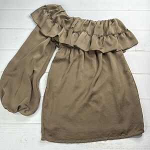 Judith March One Shoulder Mini Dress Brown Womens Size Small Long Sleeve Ruffled
